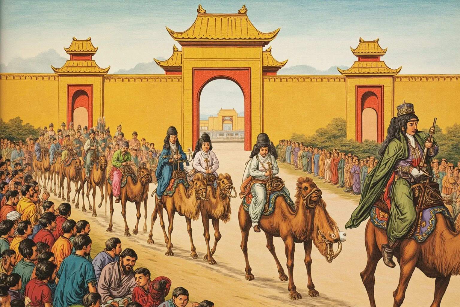 Illustrated bustling Silk Road caravan with camels and traders approaching the gates of an ancient Chinese city