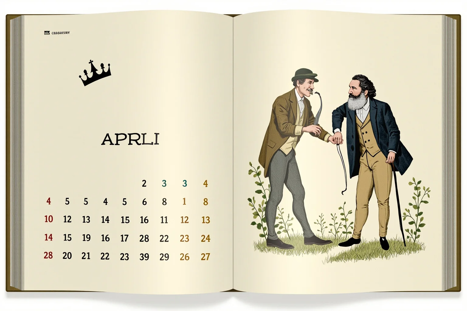 Illustrated calendar page marked April 21 with silhouettes of a modern monarch with a crown motif and a 19th-century naturalist with a walking stick in a forest, editorial style