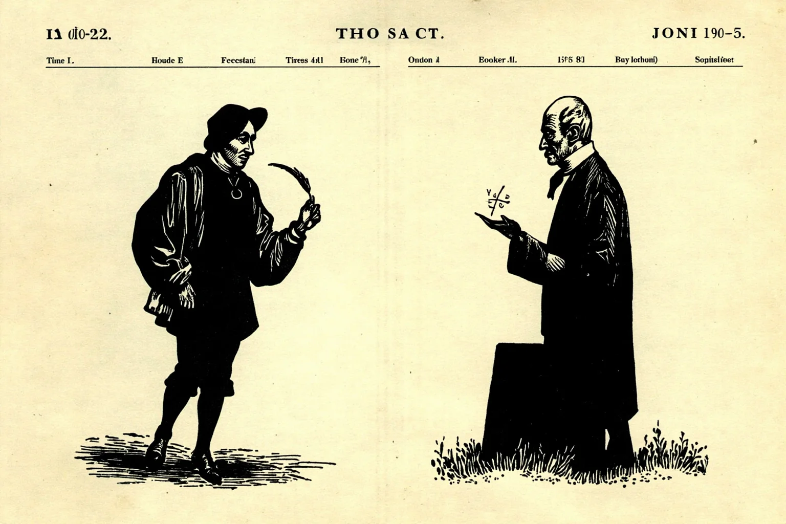 Illustrated calendar page marked April 23 with silhouettes of an Elizabethan-era playwright with a quill and an early 1900s physicist with equations, editorial illustration