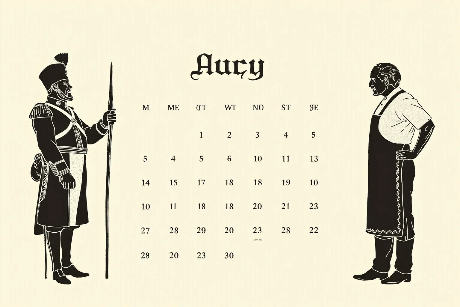 Illustrated calendar page marked August 15 with silhouettes of an 18th-century European military leader and a mid-20th-century chef in an apron, editorial illustration style