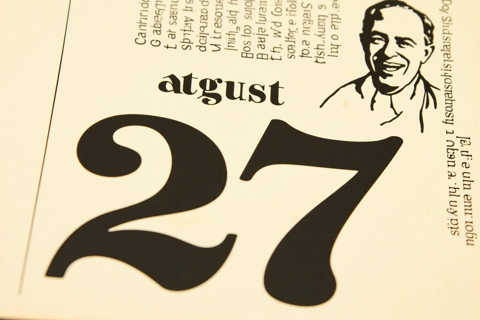 Illustrated calendar page marked August 27 with silhouettes of a mid-20th-century American president and a humanitarian figure in simple robes, editorial illustration style