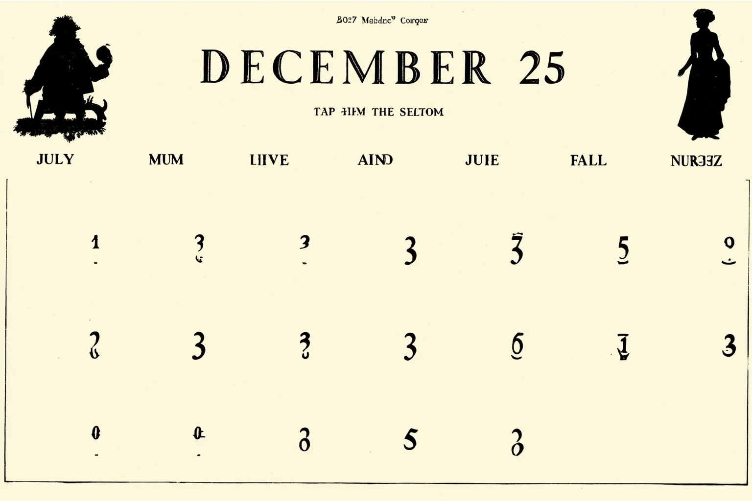 Illustrated calendar page marked December 25 with silhouettes of a 17th-century scientist with an apple and a 19th-century humanitarian in nurse-era clothing, editorial style