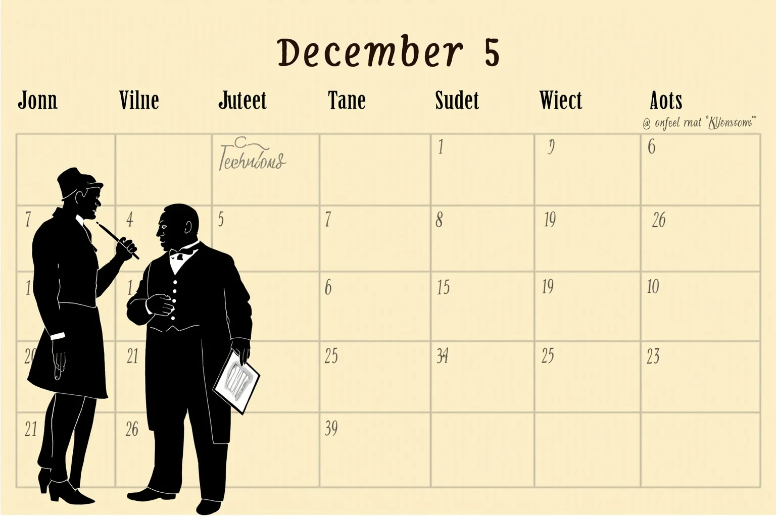 Illustrated calendar page marked December 5 with silhouettes of an early 1900s animator holding a pencil and sketchbook and a 19th-century American president, editorial style