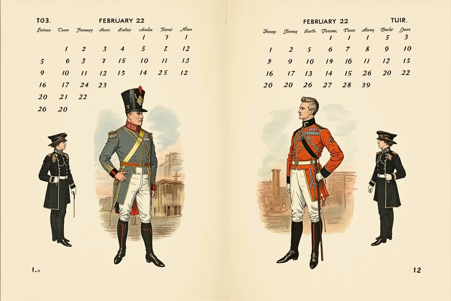 Illustrated calendar page marked February 22 with silhouettes of an 18th-century American general and an early 1900s youth movement founder in uniform, editorial style