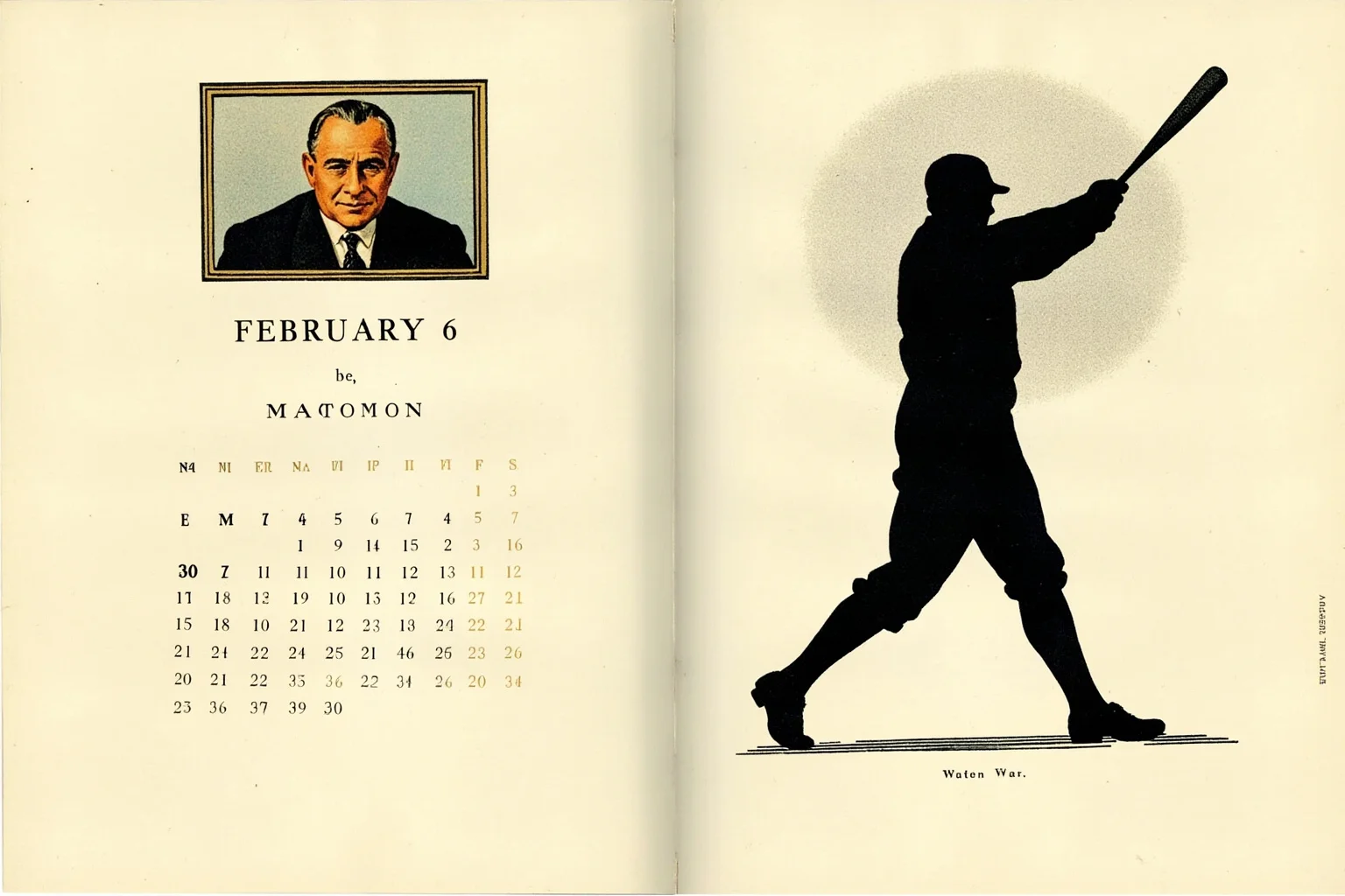 Illustrated calendar page marked February 6 with silhouettes of a mid-20th-century American president and an early 1900s baseball player mid-swing, editorial illustration style