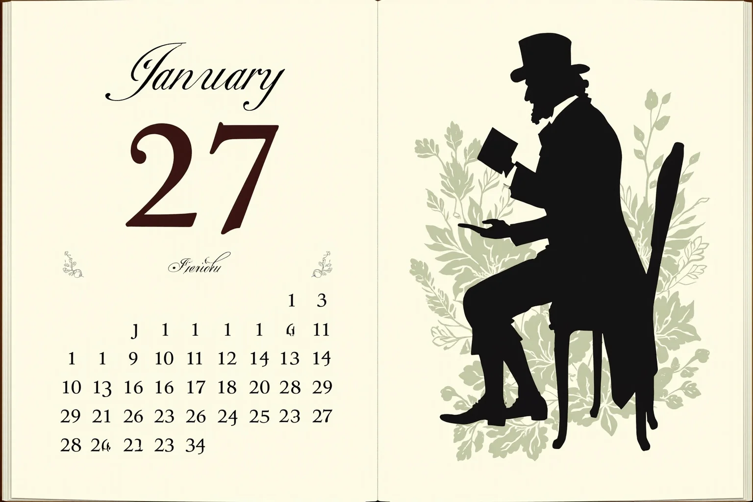 Illustrated calendar page marked January 27 with silhouettes of an 18th-century composer at a piano and a Victorian-era author with a book, whimsical editorial style