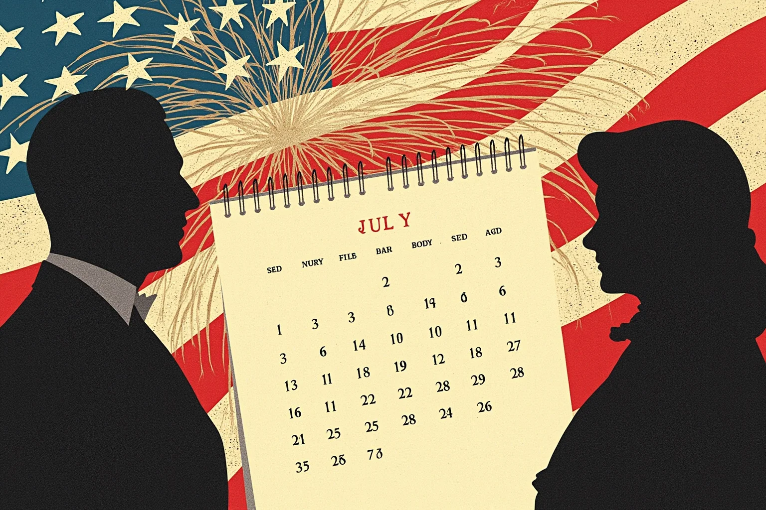 Illustrated calendar page marked July 4 with fireworks in the background and silhouettes of an early 1900s American president and a 19th-century novelist, editorial style