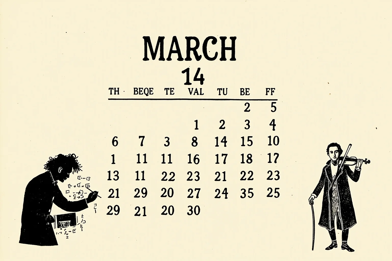 Illustrated calendar page marked March 14 with silhouettes of a scientist with wild hair sketching equations and a 19th-century composer holding a violin, editorial illustration