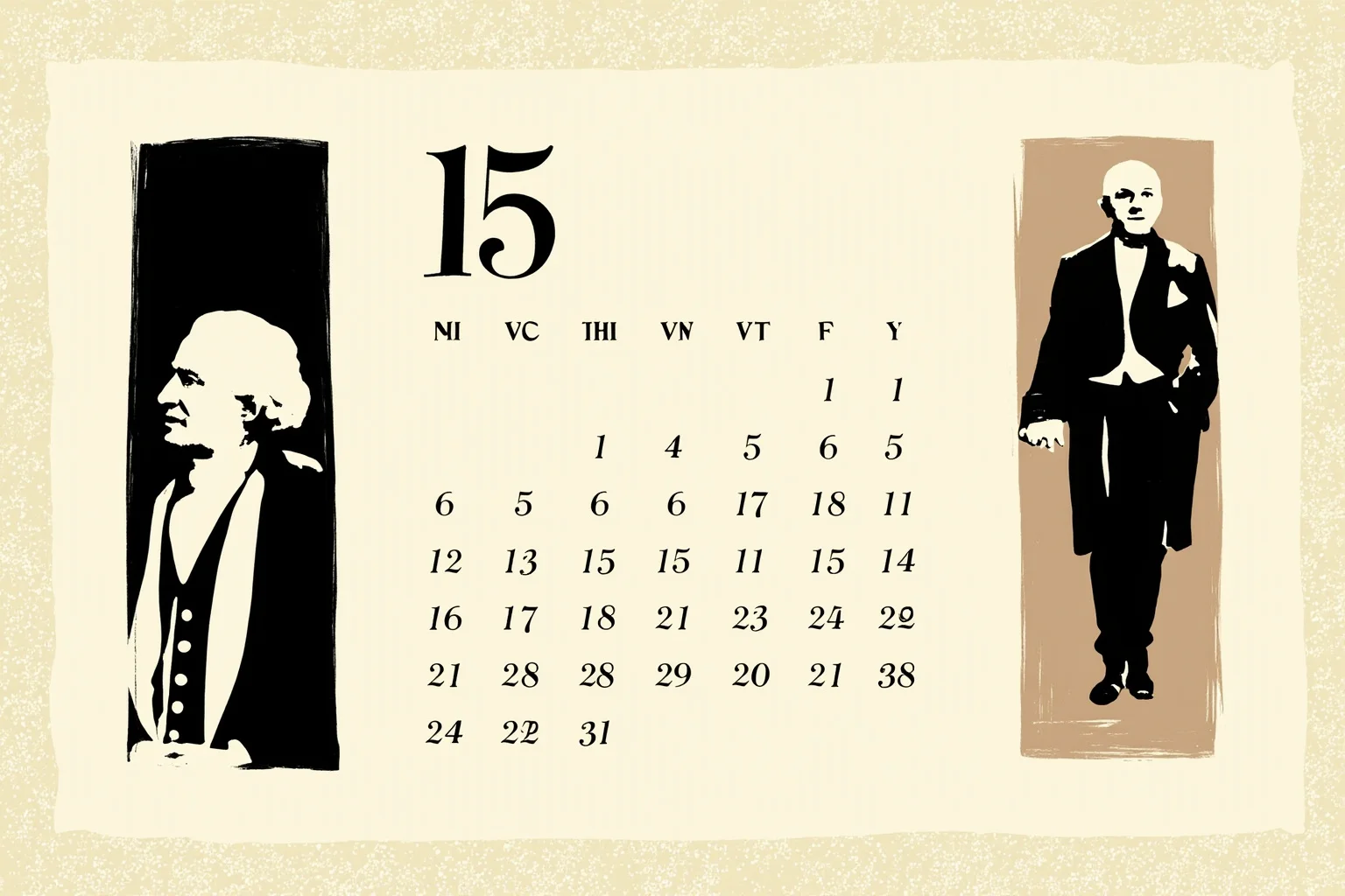 Illustrated calendar page marked March 15 with silhouettes of an early 1800s American president and a late 20th-century Supreme Court justice in robes, editorial illustration style