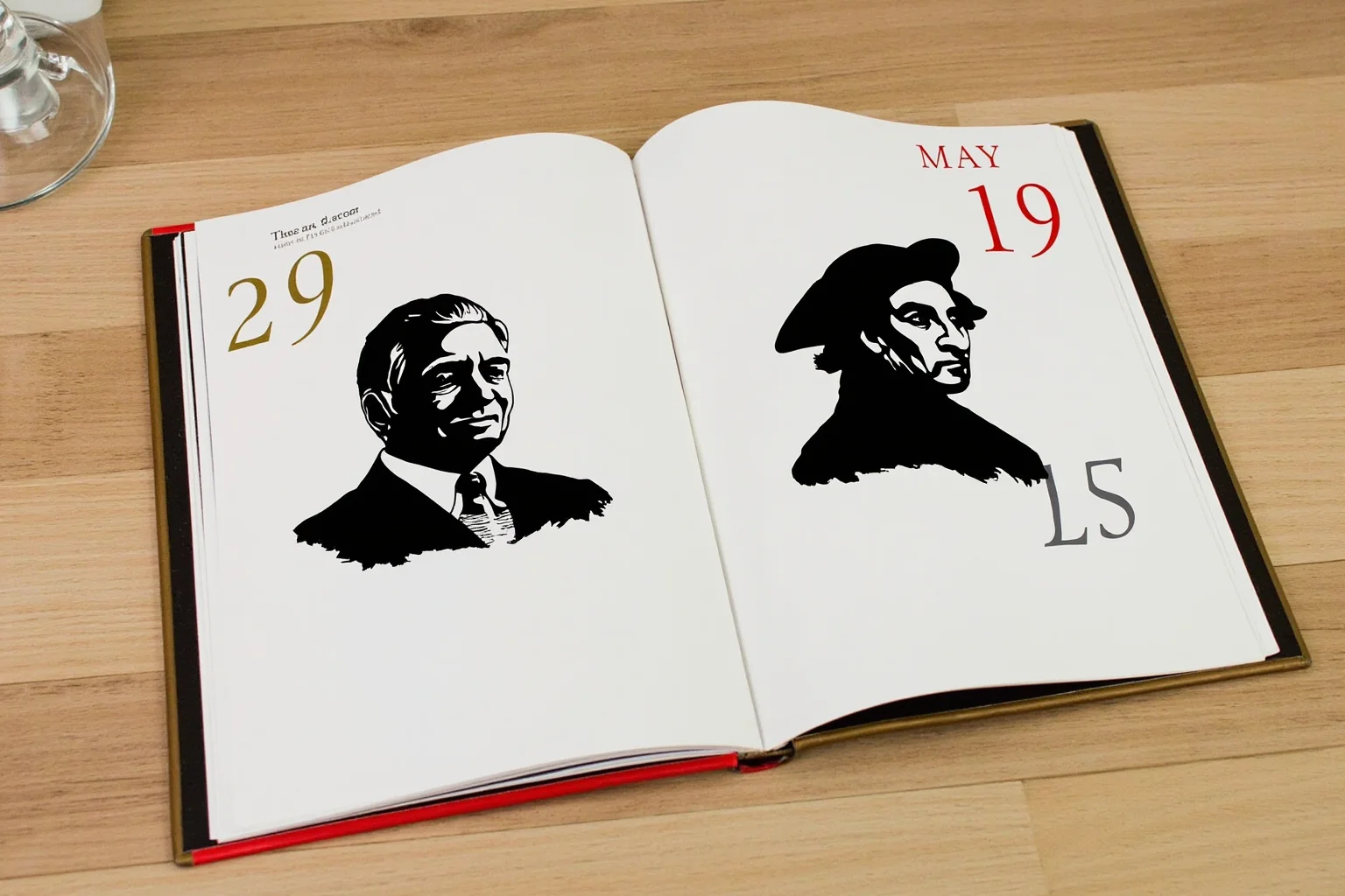 Illustrated calendar page marked May 29 with silhouettes of a mid-20th-century American president and an 18th-century revolutionary orator, editorial illustration style