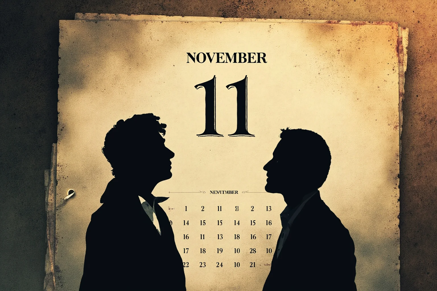 Illustrated calendar page marked November 11 with silhouettes of a 19th-century Russian novelist and a 20th-century American novelist, moody literary editorial illustration