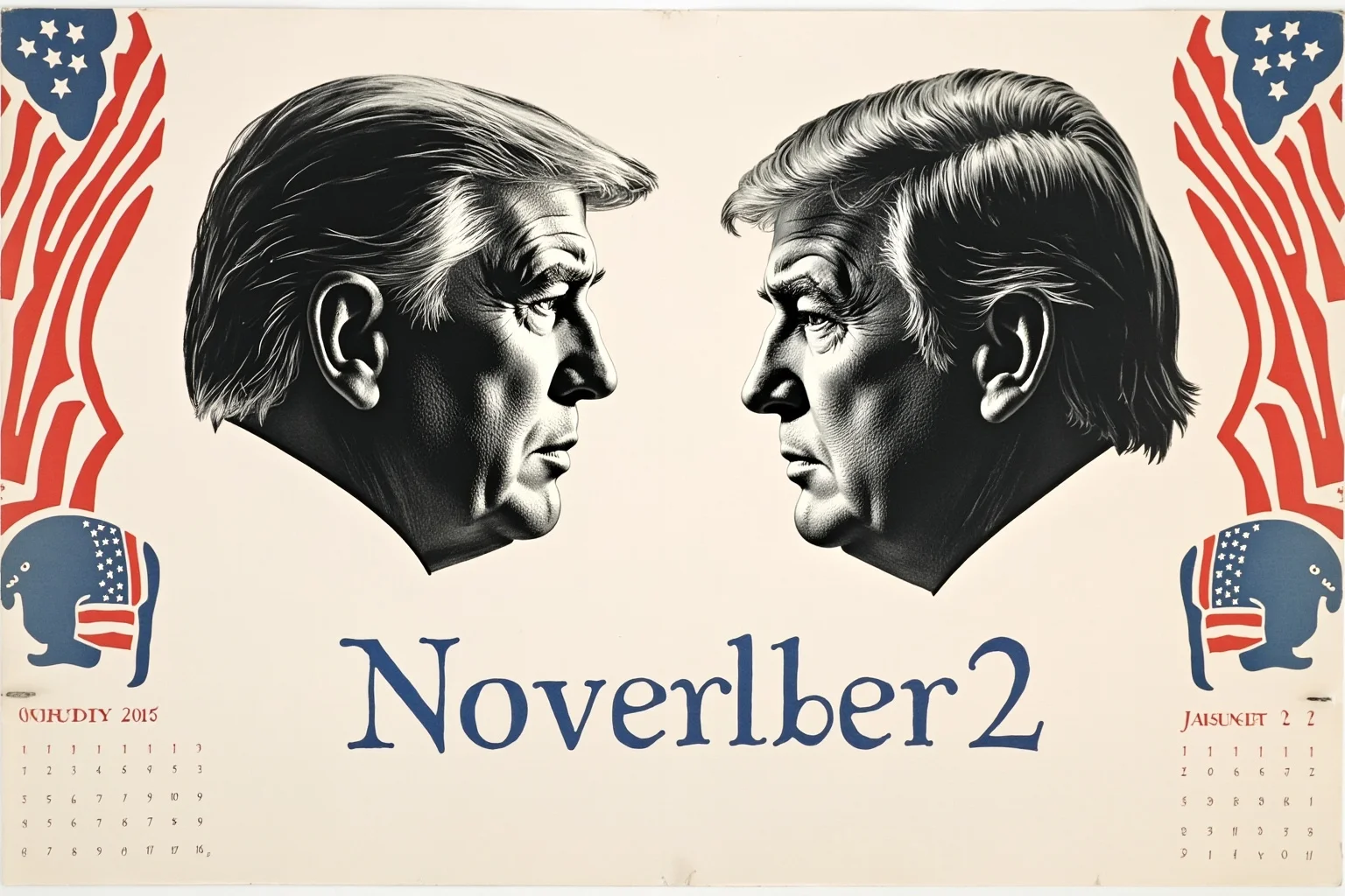 Illustrated calendar page marked November 2 with silhouettes of two different-era American presidents facing each other, editorial illustration style, symmetrical composition