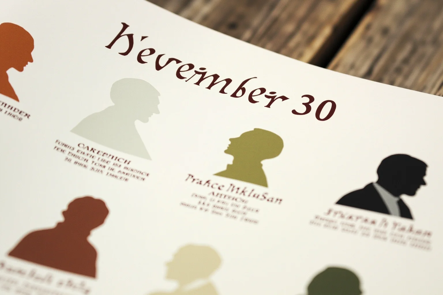 Illustrated calendar page marked November 30 with silhouettes of a 19th-century American writer and a mid-20th-century British statesman, editorial style, muted colors
