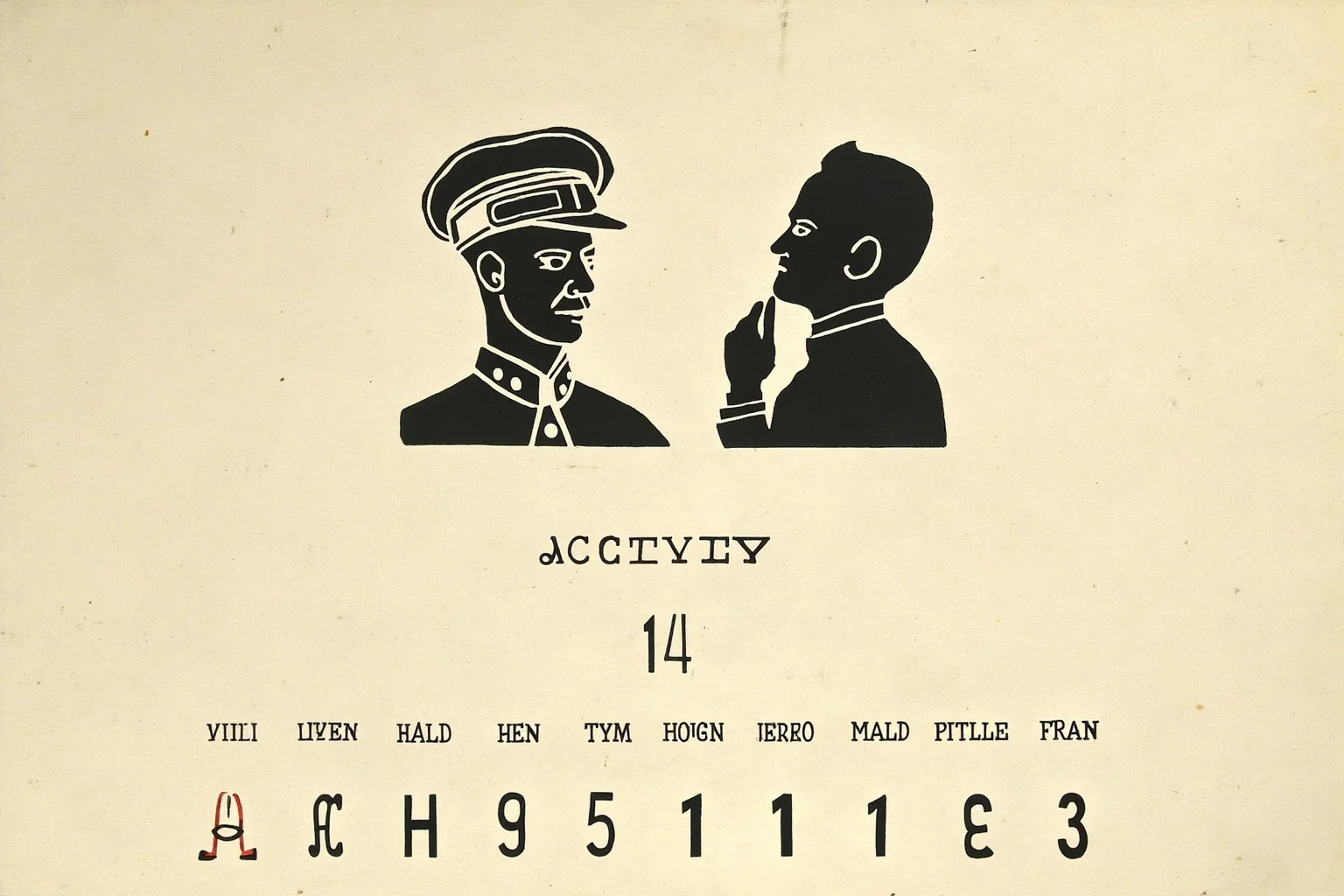 Illustrated calendar page marked October 14 with silhouettes of a mid-20th-century military leader in uniform and an early 1900s poet with unconventional typography, editorial style