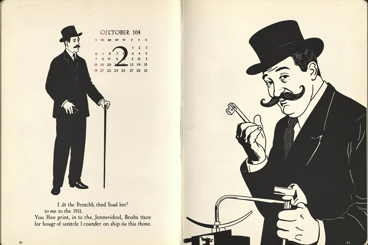 Illustrated calendar page marked October 2 with silhouettes of an early 1900s independence leader in simple robes and a mid-20th-century comedian with a painted mustache, editorial style