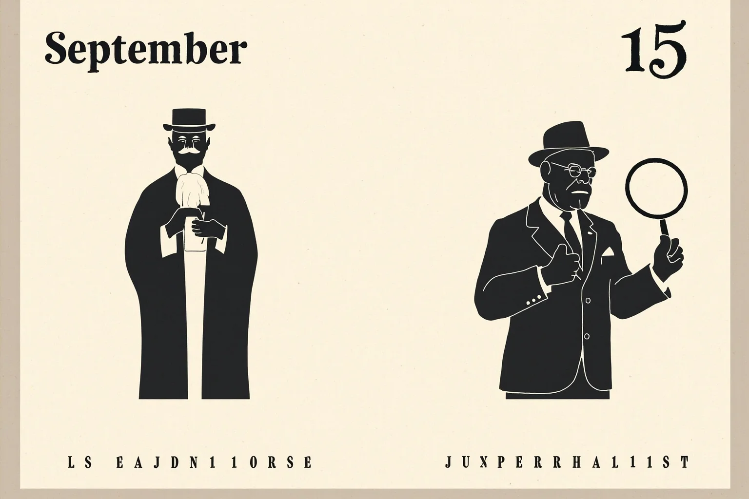 Illustrated calendar page marked September 15 with silhouettes of an early 1900s judge in robes and a mid-20th-century mystery novelist holding a magnifying glass, editorial style
