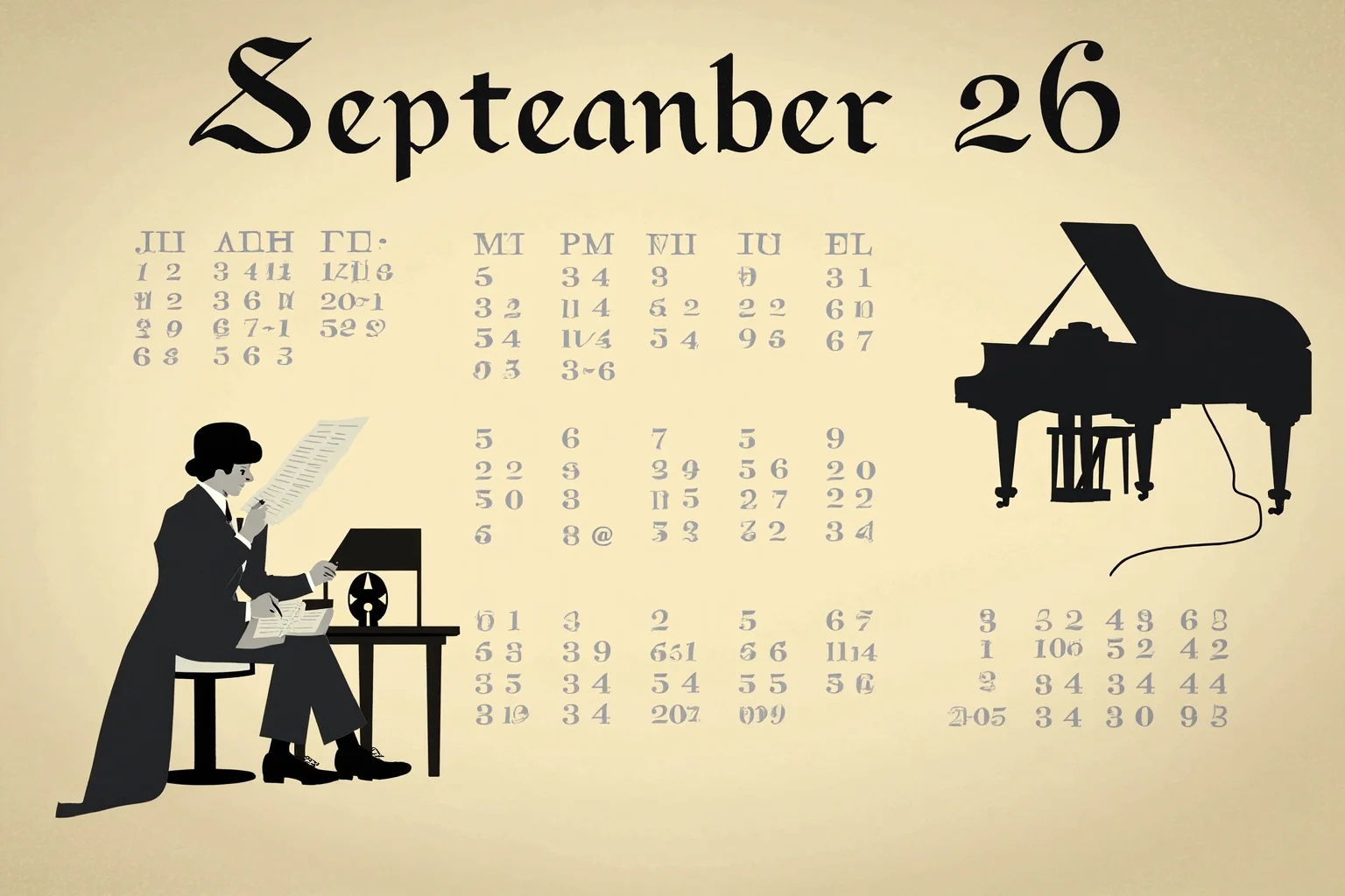 Illustrated calendar page marked September 26 with silhouettes of an early 1900s poet with a notebook and a composer at a piano, editorial illustration style