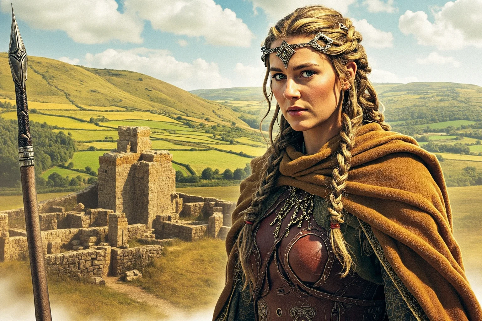 25 Vintage Baby Names Inspired by Historical Figures 5 Illustrated Celtic warrior queen with braided hair and cloak, standing in front of ancient British landscape