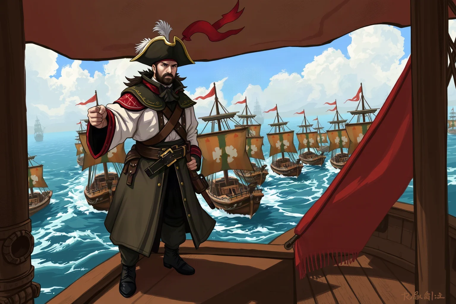 Illustrated Chinese pirate confederation leader standing on the deck of a war junk with a fleet of ships in formation, painterly style