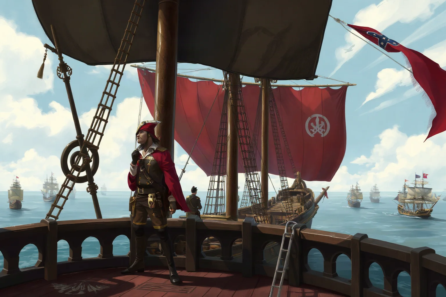 Illustrated Chinese pirate fleet commander standing on the deck of a large junk ship, hundreds of ships visible in the harbor beyond, painterly style