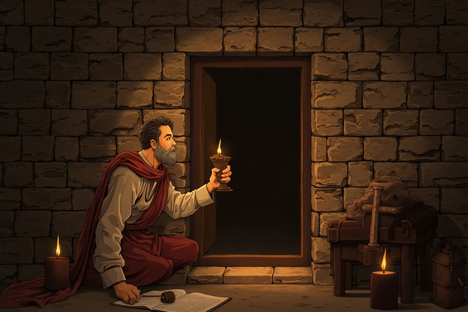 Illustrated classical scene of a philosopher in a stone prison cell holding a small cup, calm candlelit atmosphere, ancient Greek art style