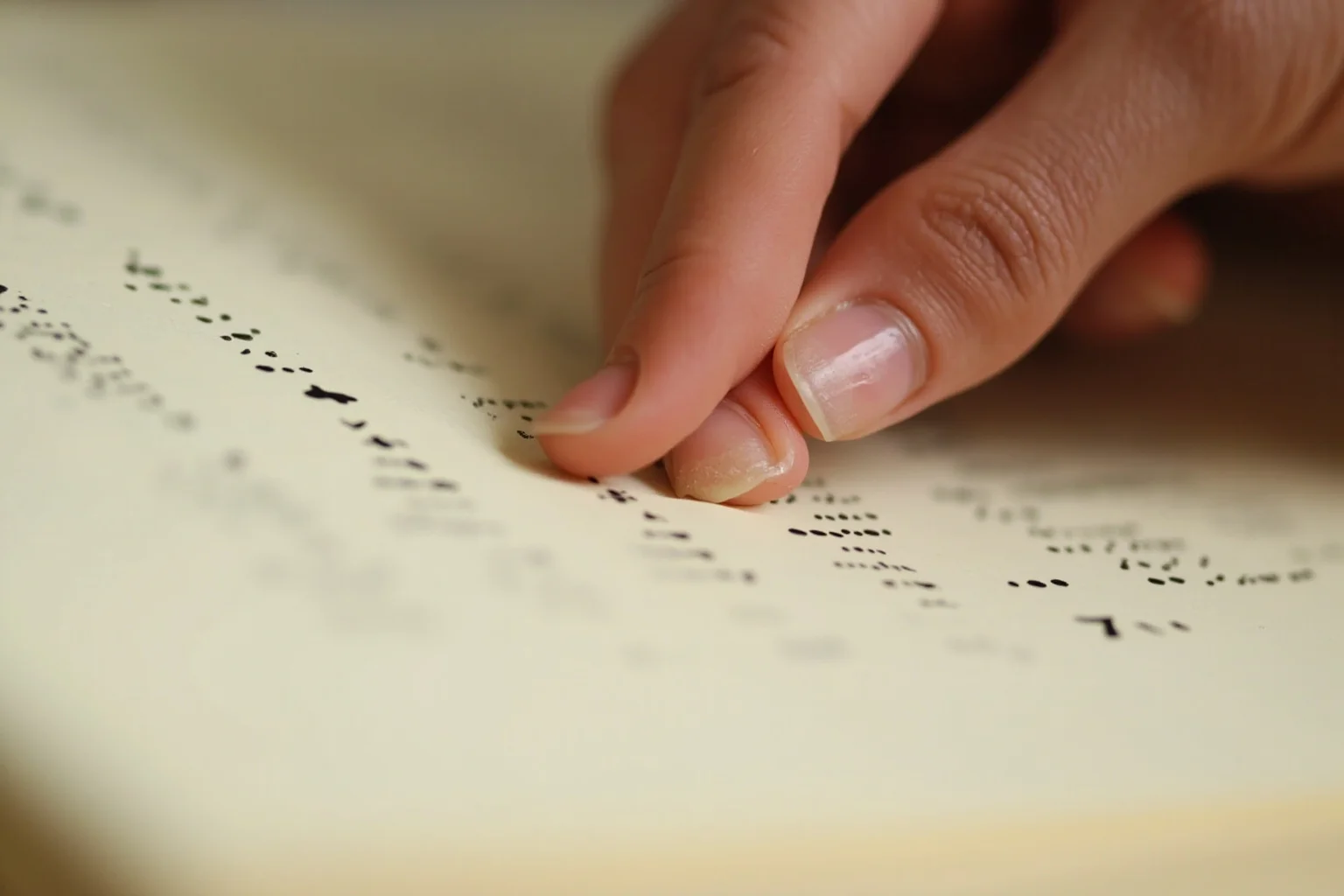 Illustrated close-up of fingertips reading raised Braille dots on a book page, soft historical color palette