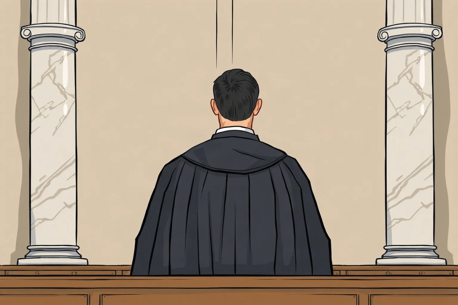 Illustrated courtroom scene with a judicial figure in robes standing before marble columns, formal editorial illustration style