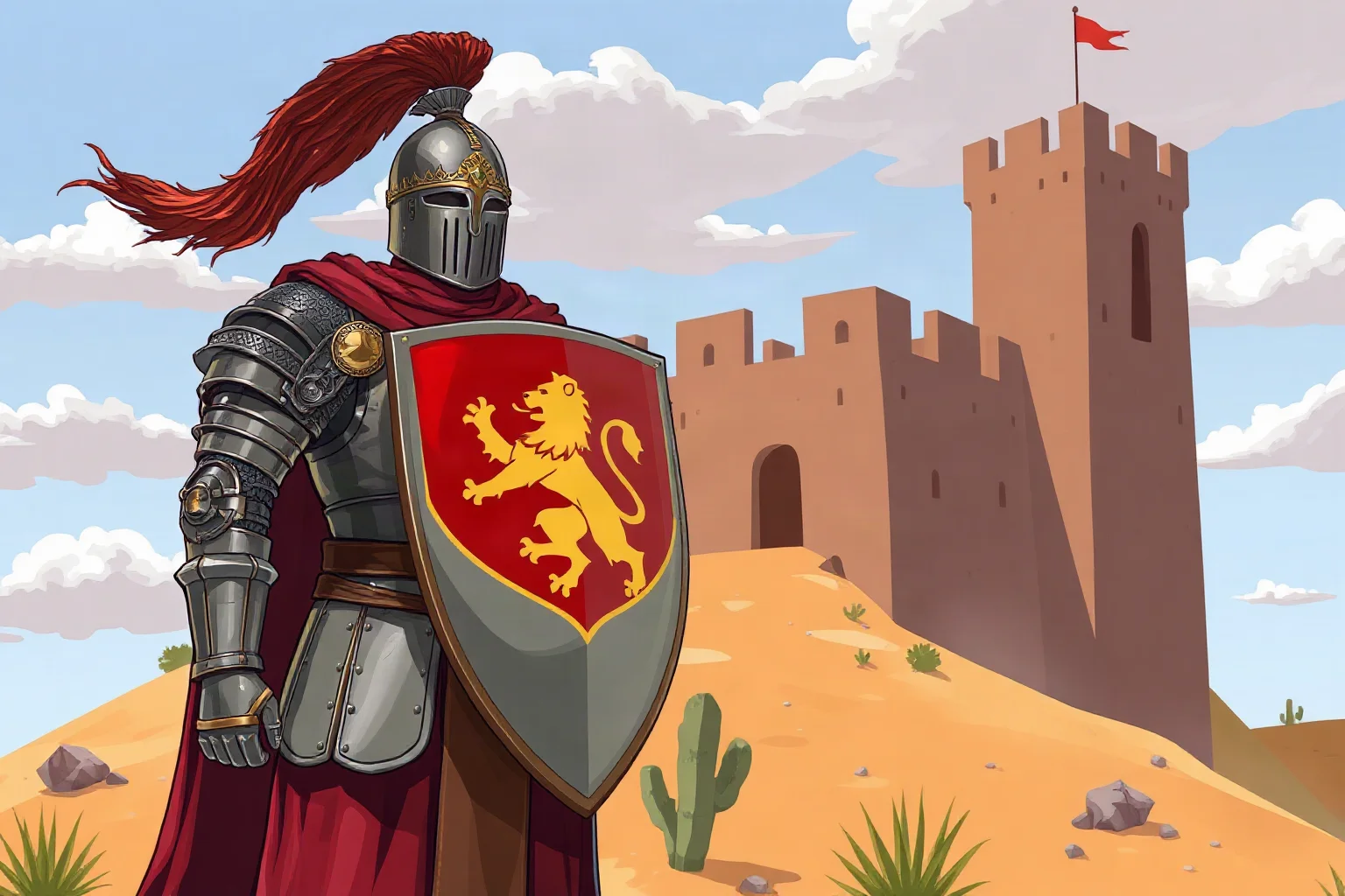 Illustrated crusader king in armor with a lion emblem on his shield standing before a desert fortress