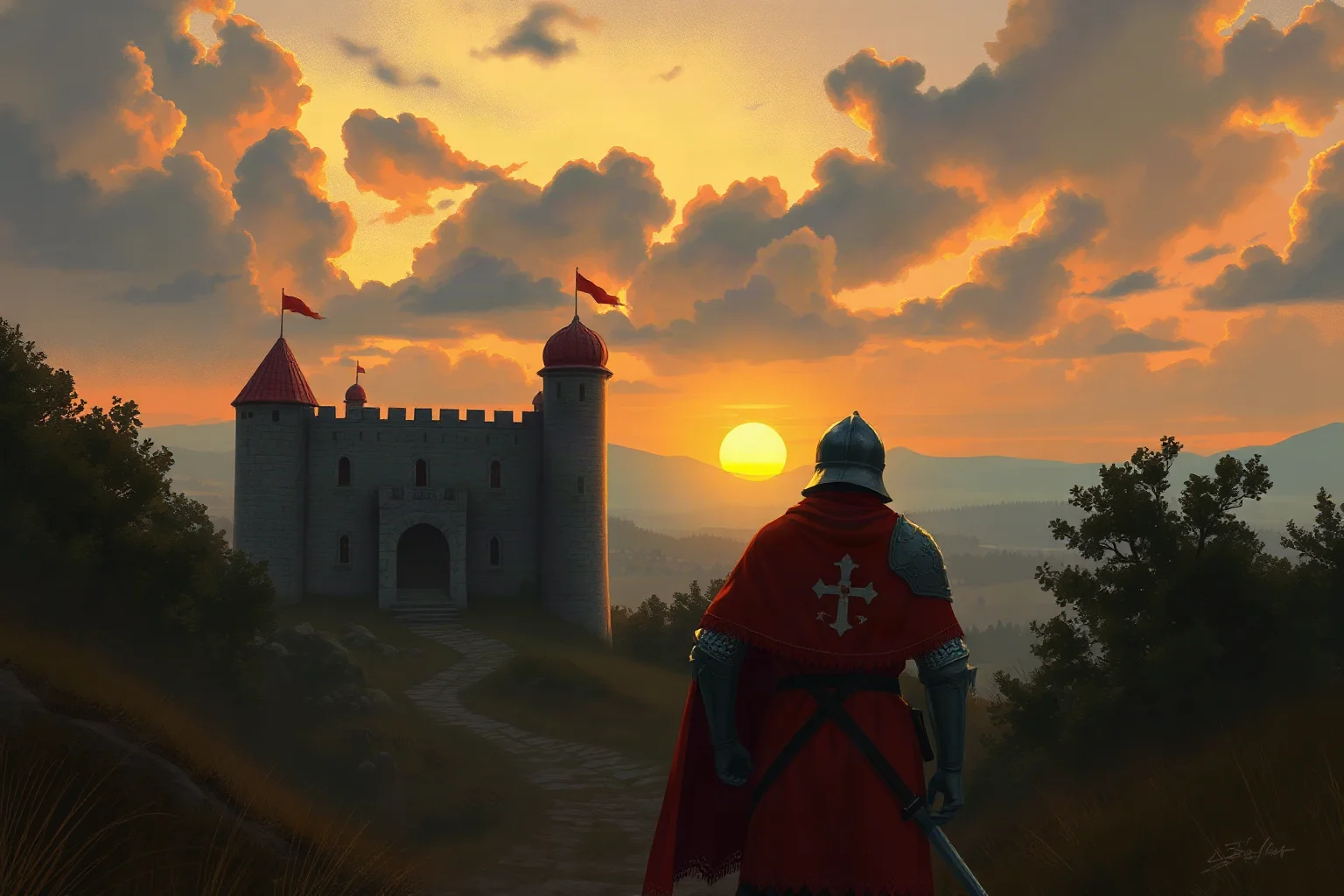 Illustrated dark medieval Eastern European nobleman in armor standing before a fortress at dusk