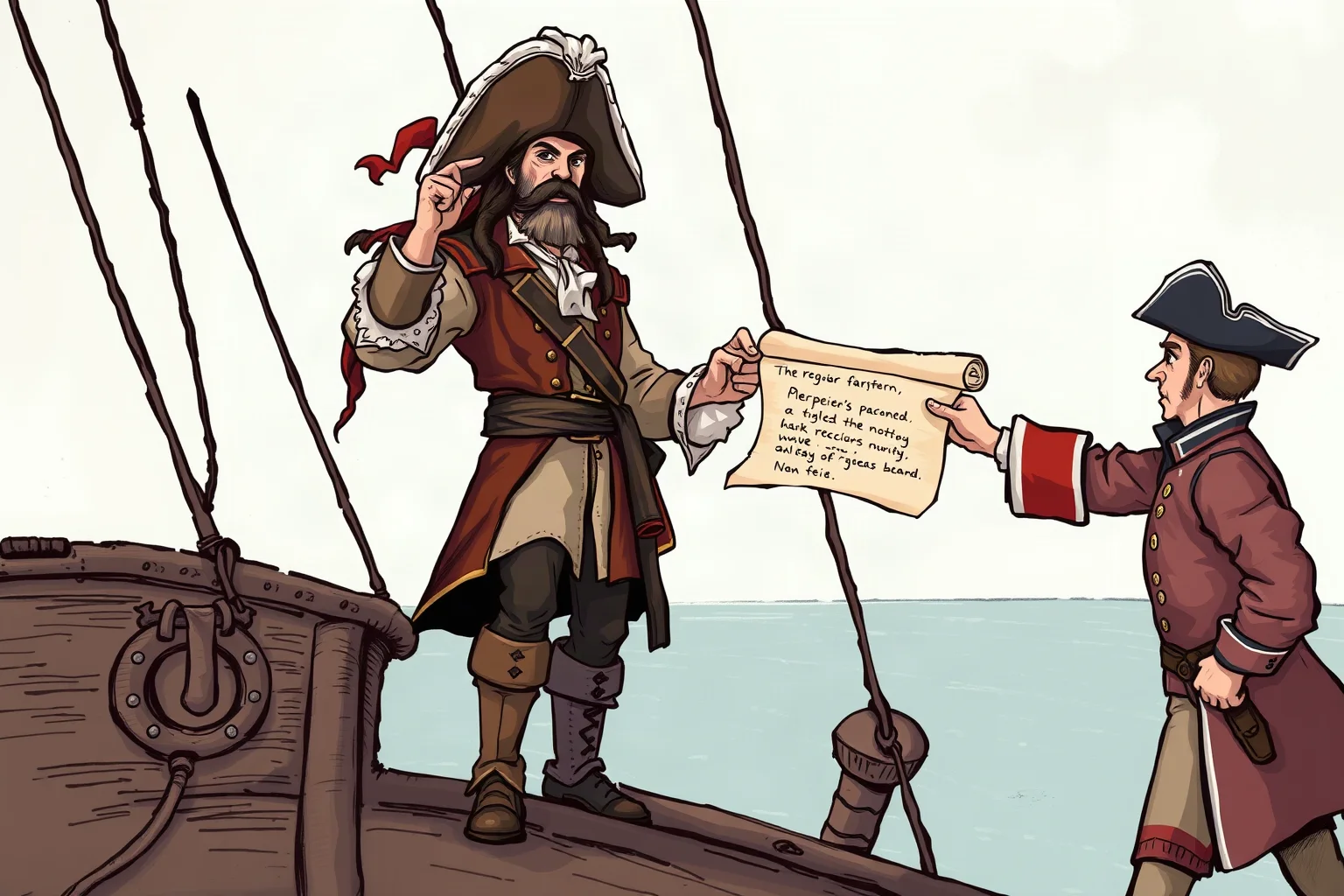 Illustrated defiant pirate captain standing at the ship's bow refusing a rolled parchment pardon held out by a colonial officer, painterly style
