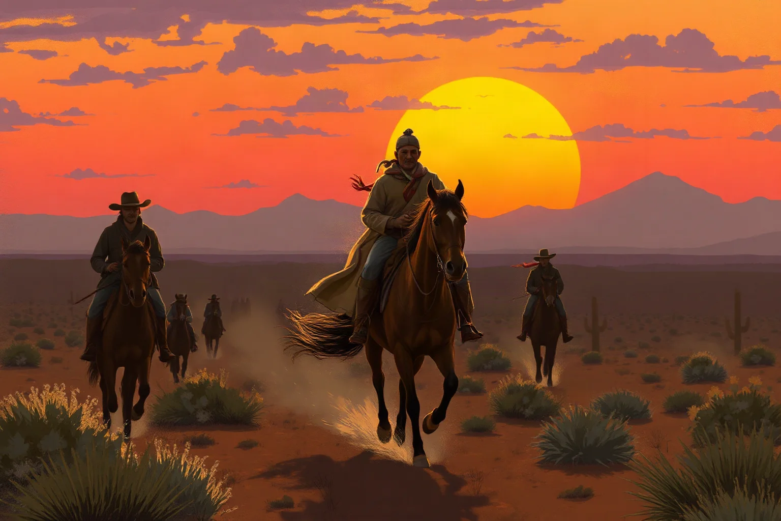 Illustrated depiction of a horseback revolutionary leader riding across a northern Mexican desert at dusk, painterly historical style