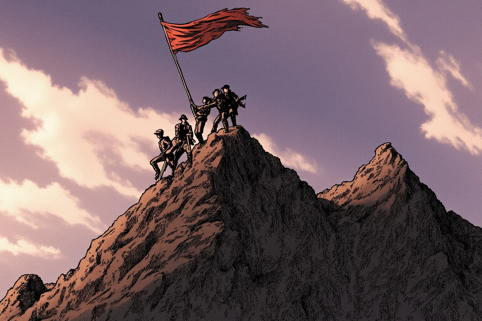 Illustrated depiction of a rugged mountain summit with a group of soldiers hoisting a large flag, dramatic wartime atmosphere, no identifiable faces