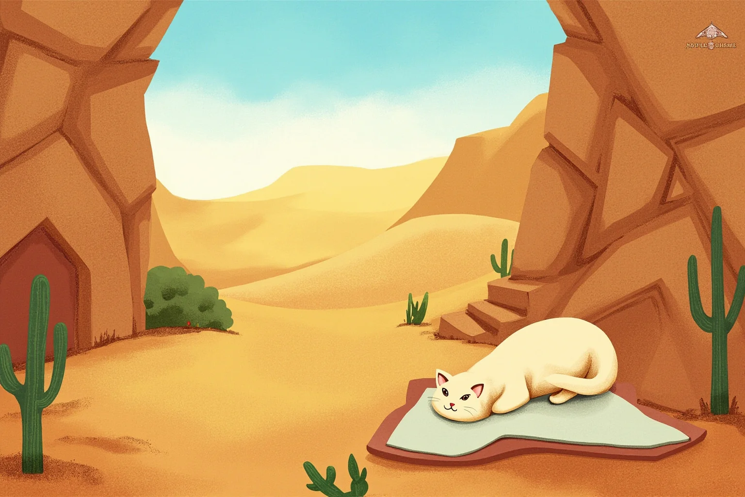 Illustrated desert oasis scene evoking early Islamic era with a small cat resting on a folded robe