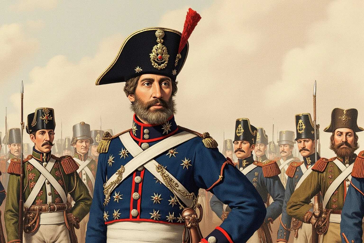 Illustrated early 19th-century French military general in an iconic bicorne hat and coat standing among taller soldiers