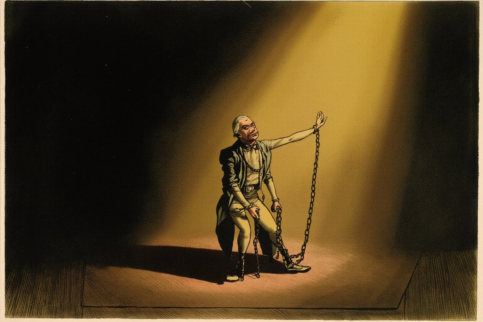 Illustrated early 20th-century escape artist in chains on a stage, dramatic spotlight, non-photorealistic style
