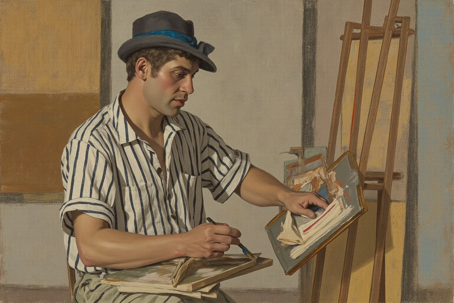 Illustrated early 20th-century painter in a striped shirt in an art studio surrounded by canvases