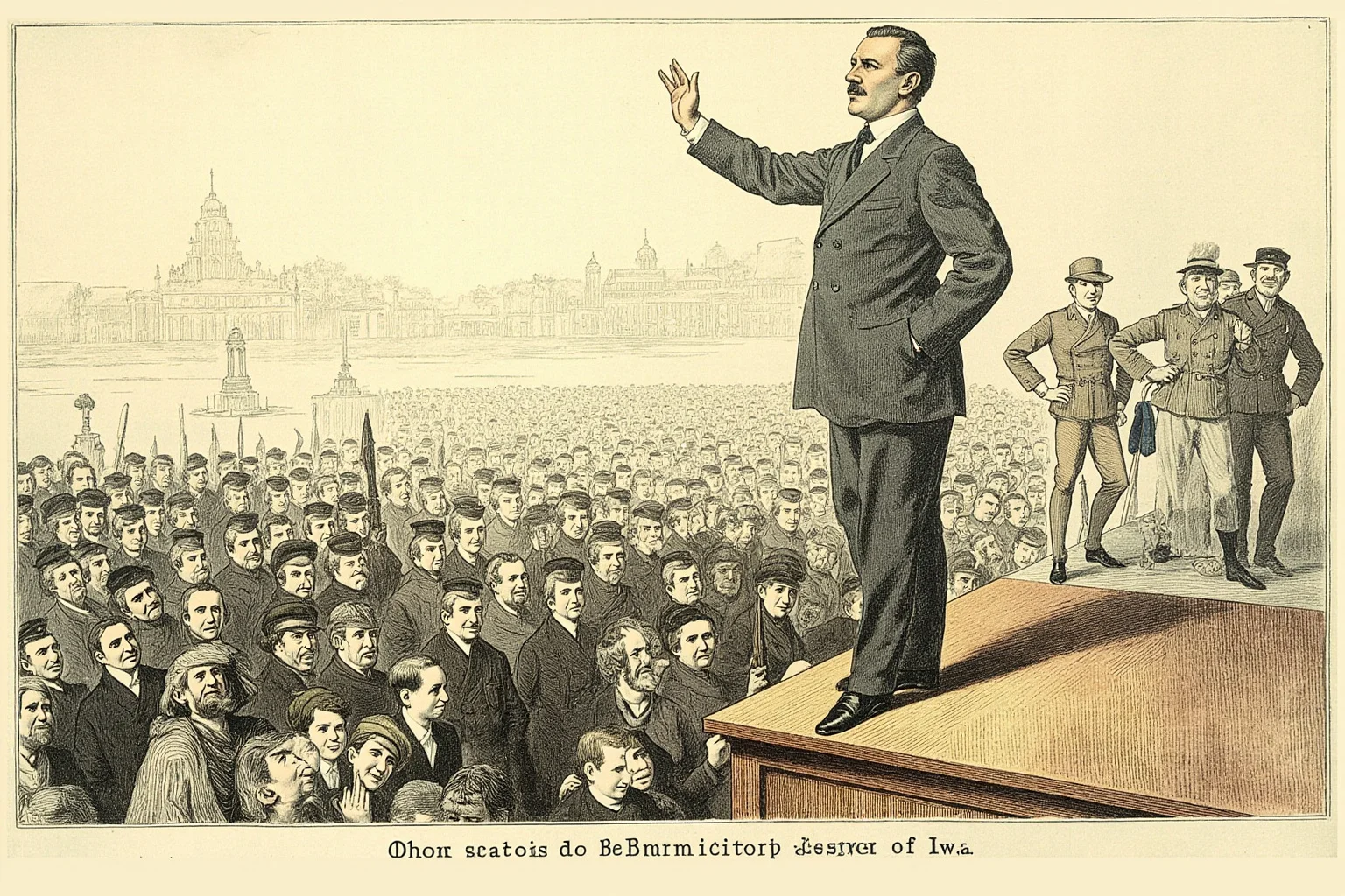Illustrated early 20th-century revolutionary leader in a plain suit addressing a crowd from a stage