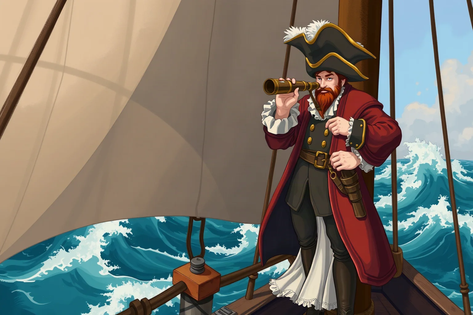 Illustrated Elizabethan-era sea captain standing on the deck of a galleon with a spyglass, ocean waves crashing, painterly style