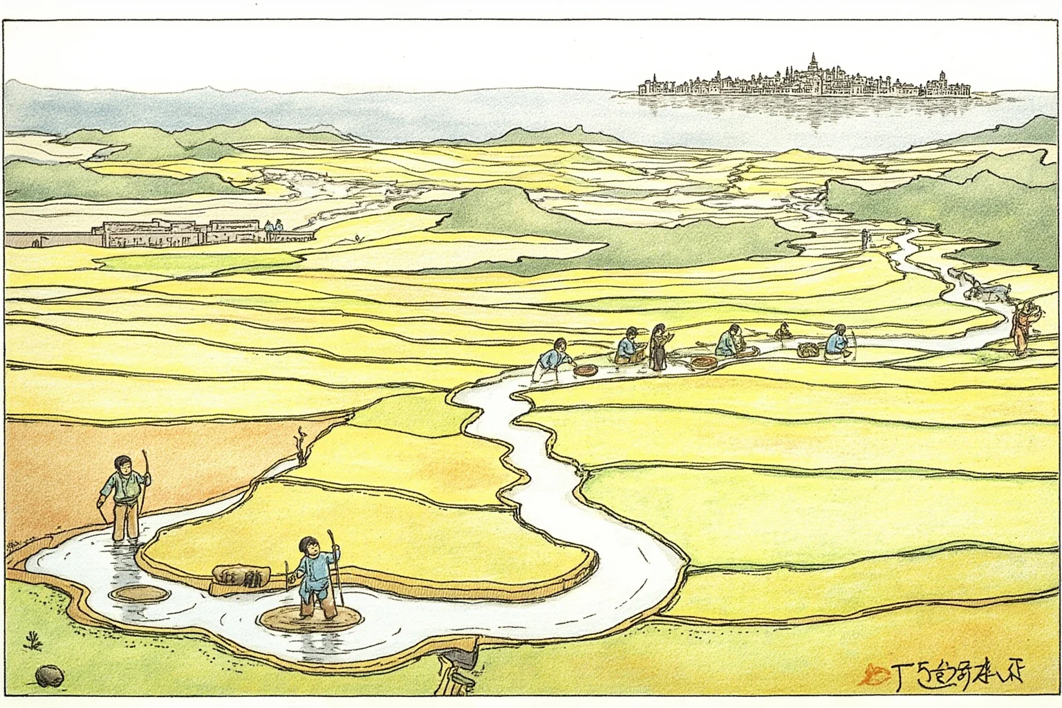 Illustrated farmers working terraced fields with a Tang-era walled city visible in the distance