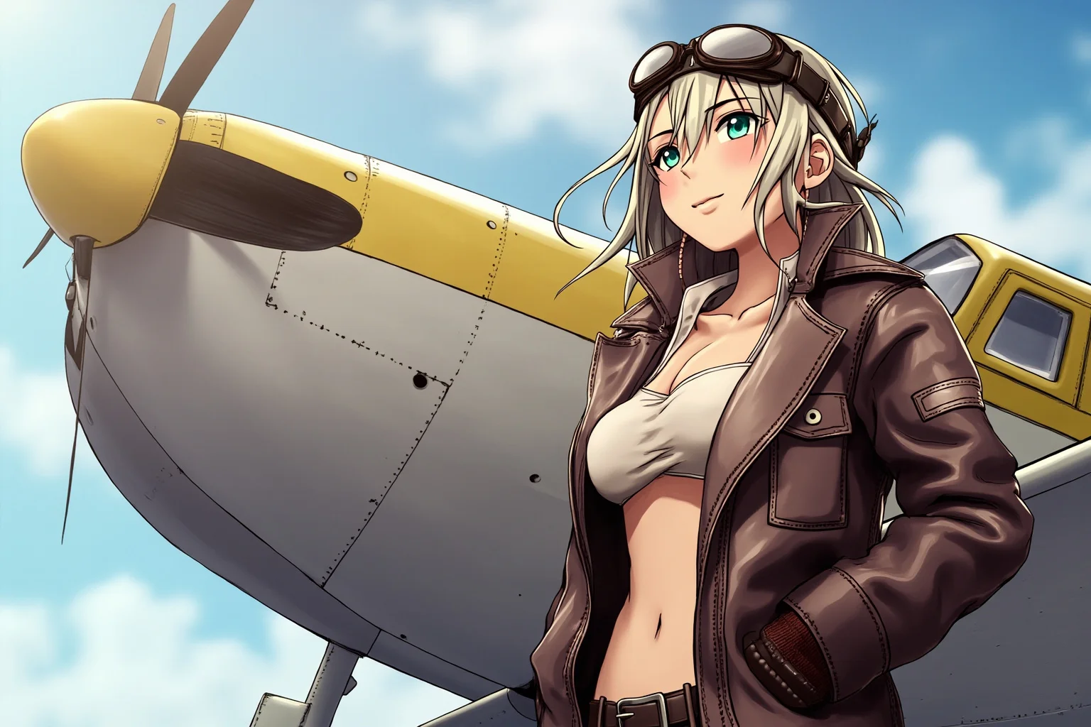 25 Vintage Baby Names Inspired by Historical Figures 14 Illustrated female aviator in leather flight jacket and goggles standing beside a vintage propeller plane