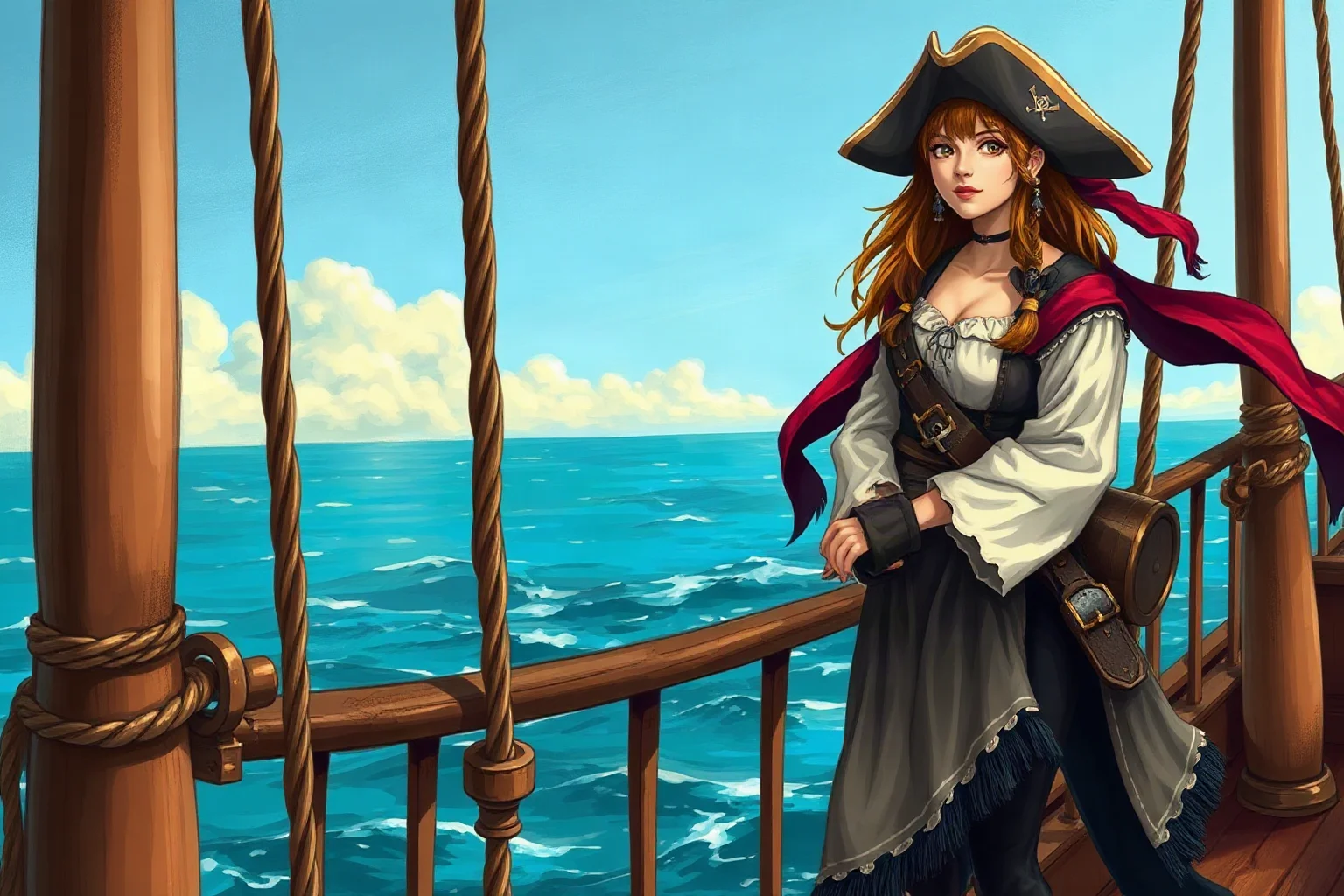 Illustrated female pirate in period clothing standing on a ship deck holding a cutlass, Caribbean sea in background, painterly style