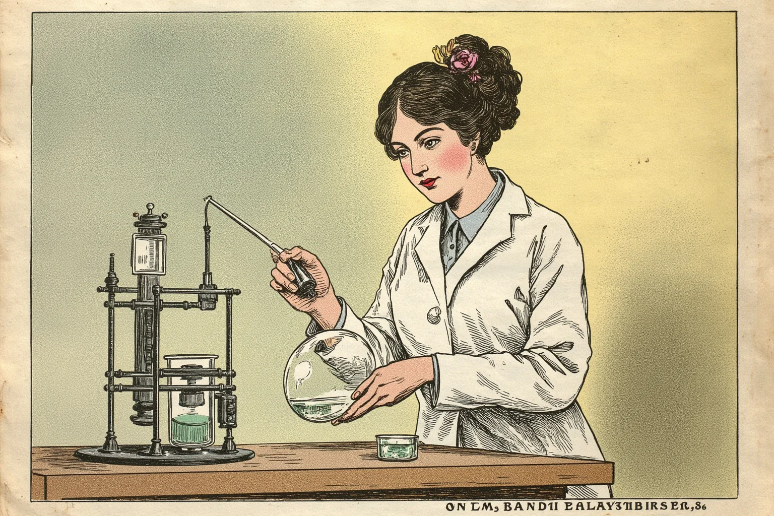 25 Vintage Baby Names Inspired by Historical Figures 16 Illustrated female scientist in early 20th-century lab coat working with glass laboratory equipment
