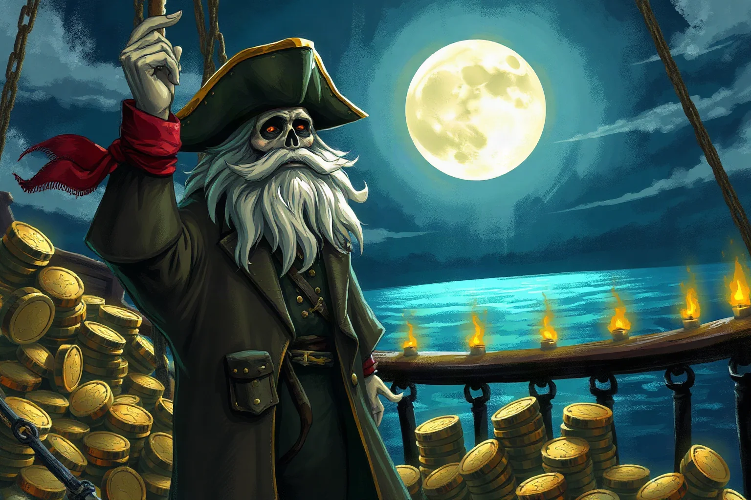 Illustrated fictional ghostly pirate captain with a weathered coat standing amid cursed gold coins on a moonlit deck, painterly style