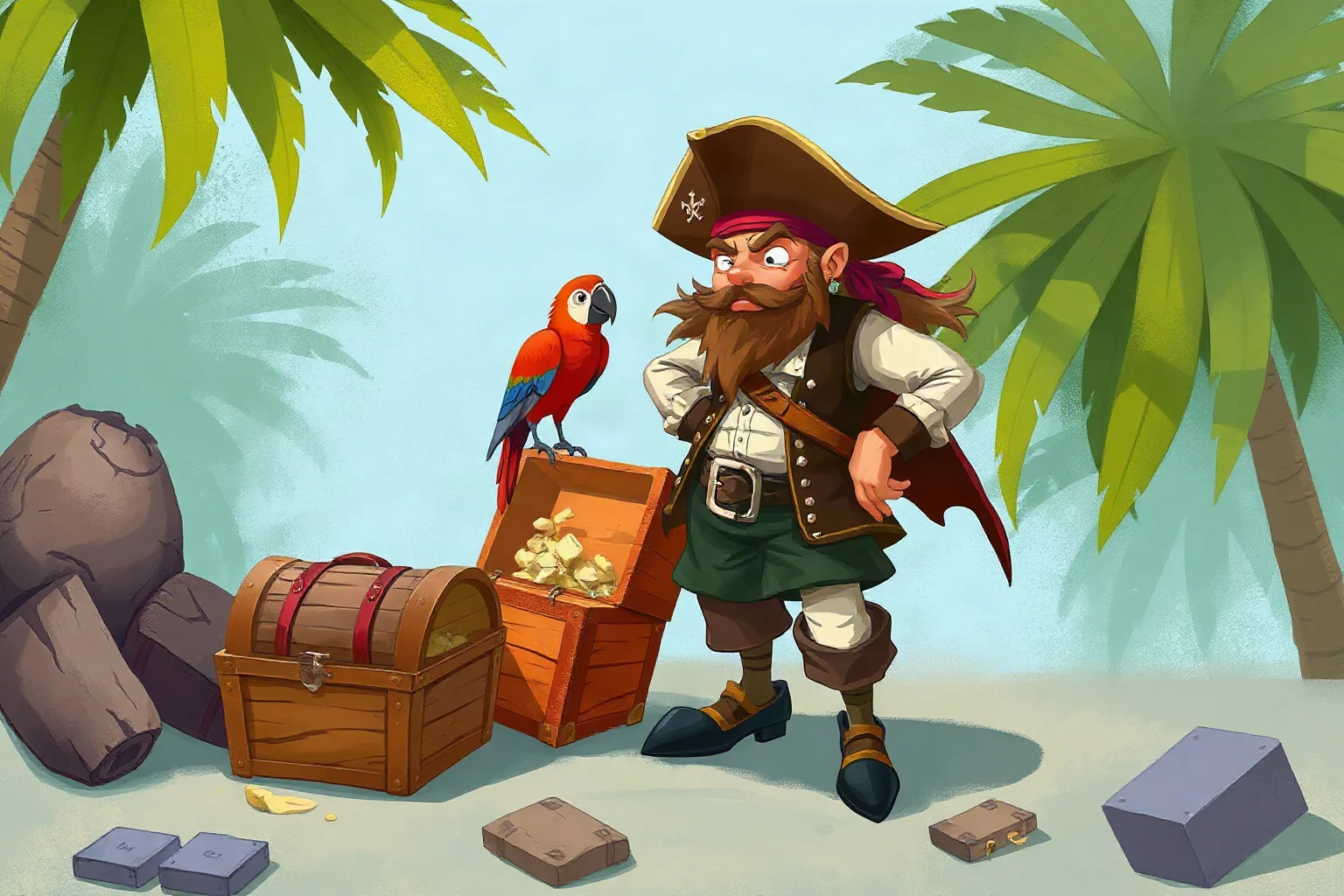 Illustrated fictional peg-legged pirate with a parrot on his shoulder standing beside a treasure chest, storybook painterly style