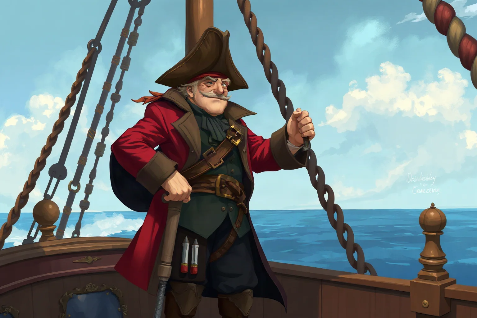 Illustrated fictional pirate captain with a hook hand and long coat standing on the deck of an ornate sailing ship, storybook painterly style