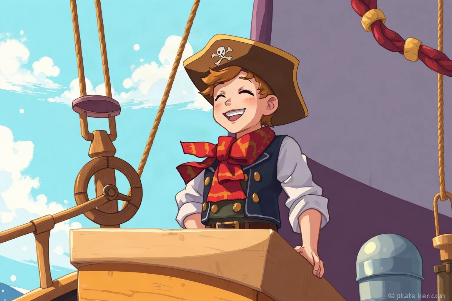 Illustrated fictional young pirate captain with a straw hat laughing on the deck of a small colorful ship, anime-inspired painterly style