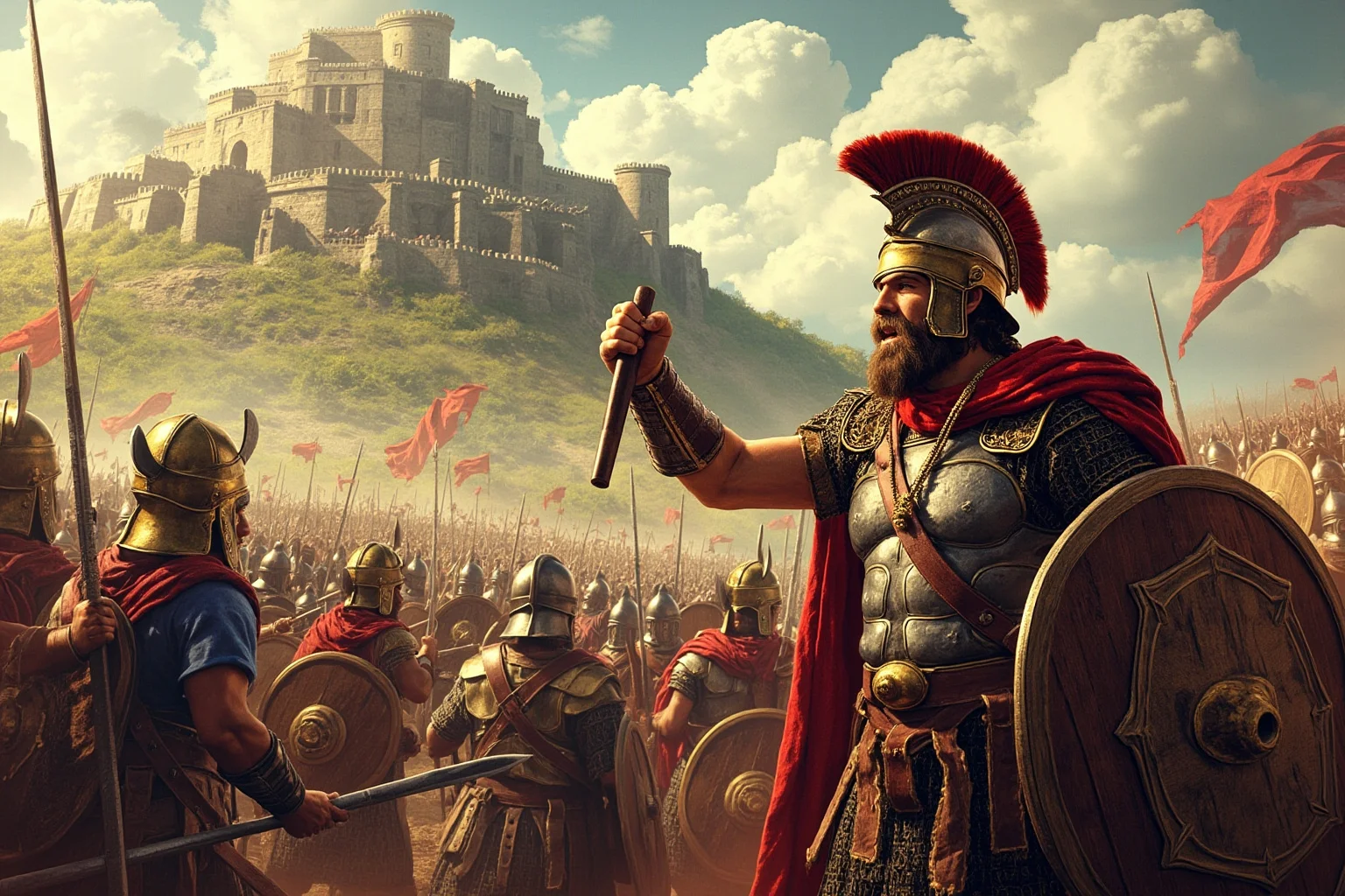 History's Greatest Rebels That Challenged the Status Quo 3 Illustrated Gallic warrior chieftain rallying tribal fighters before a hillside fortress under siege, stylized historical art, no real faces