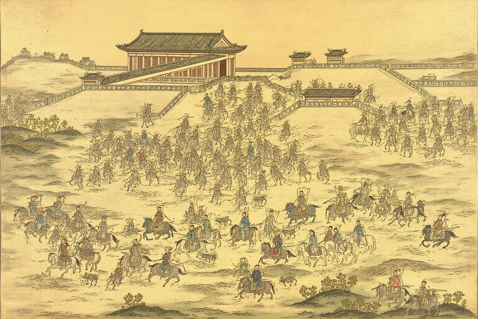 Illustrated Great Wall and Han dynasty palace with scholars and silk trade caravans