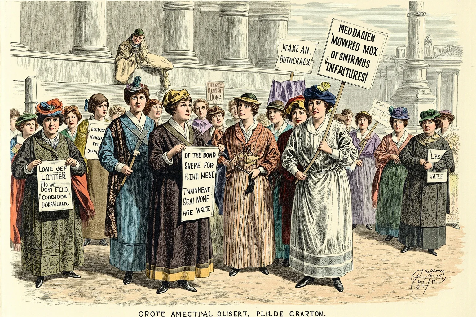 History's Greatest Rebels That Challenged the Status Quo 18 Illustrated group of women in early 1900s dress holding protest banners outside a government building, suffragette era