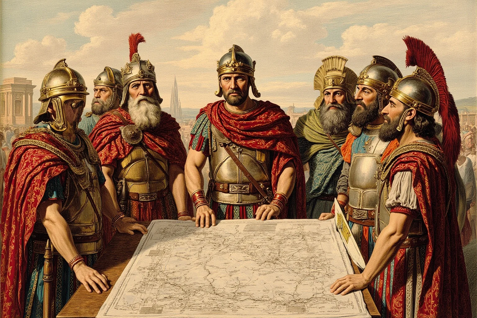 It's In The Name: Why Alexander The Great Is Considered History's Greatest General 16 Illustrated group portrait of ancient Macedonian military officers in armor standing around a map table